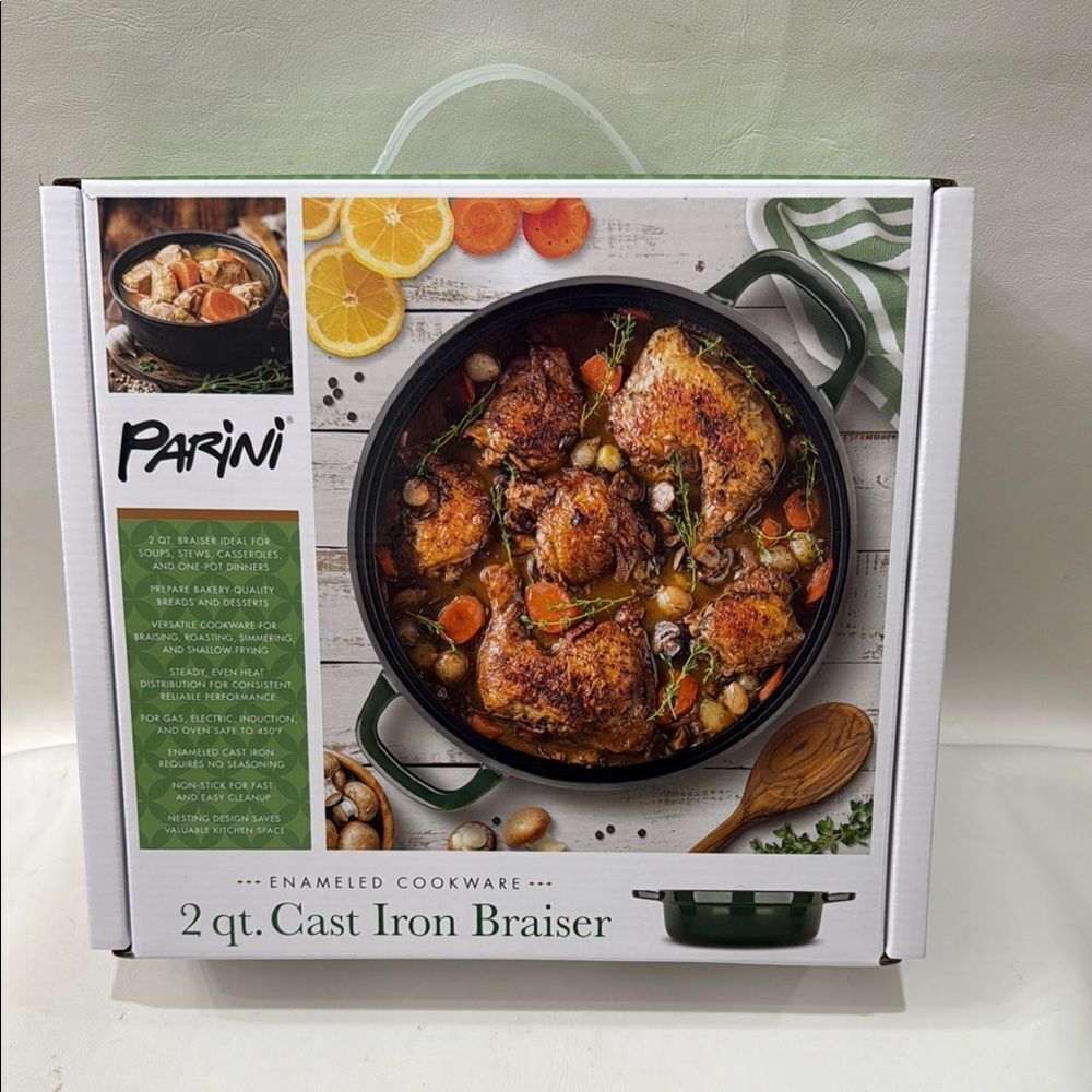 Parini Green Black 2 Quart Cast Iron Braiser Pan One Pot Dinners Stews Frying